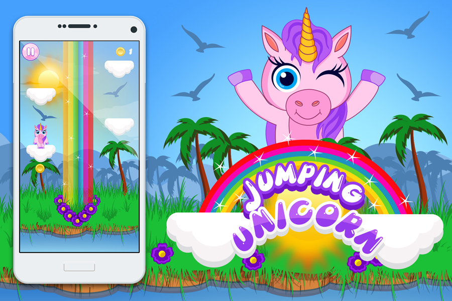 jumping unicorn UI and character game design for girls up to ten years old