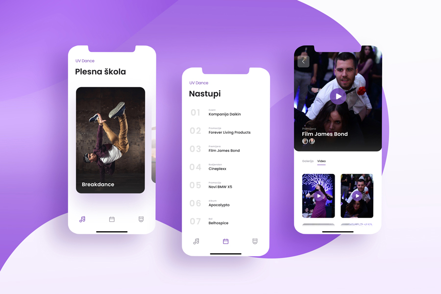 UI/UX design for a school of dance mobile application
